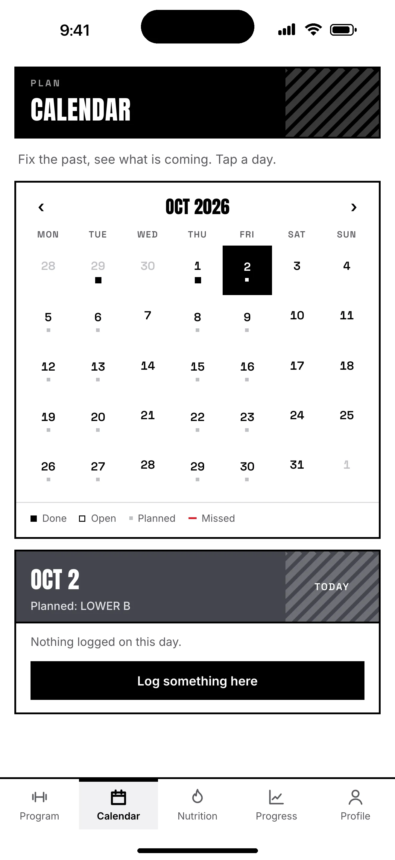 Fazlo’s calendar for October, with done, open, planned and missed days, and today’s planned Lower B session.