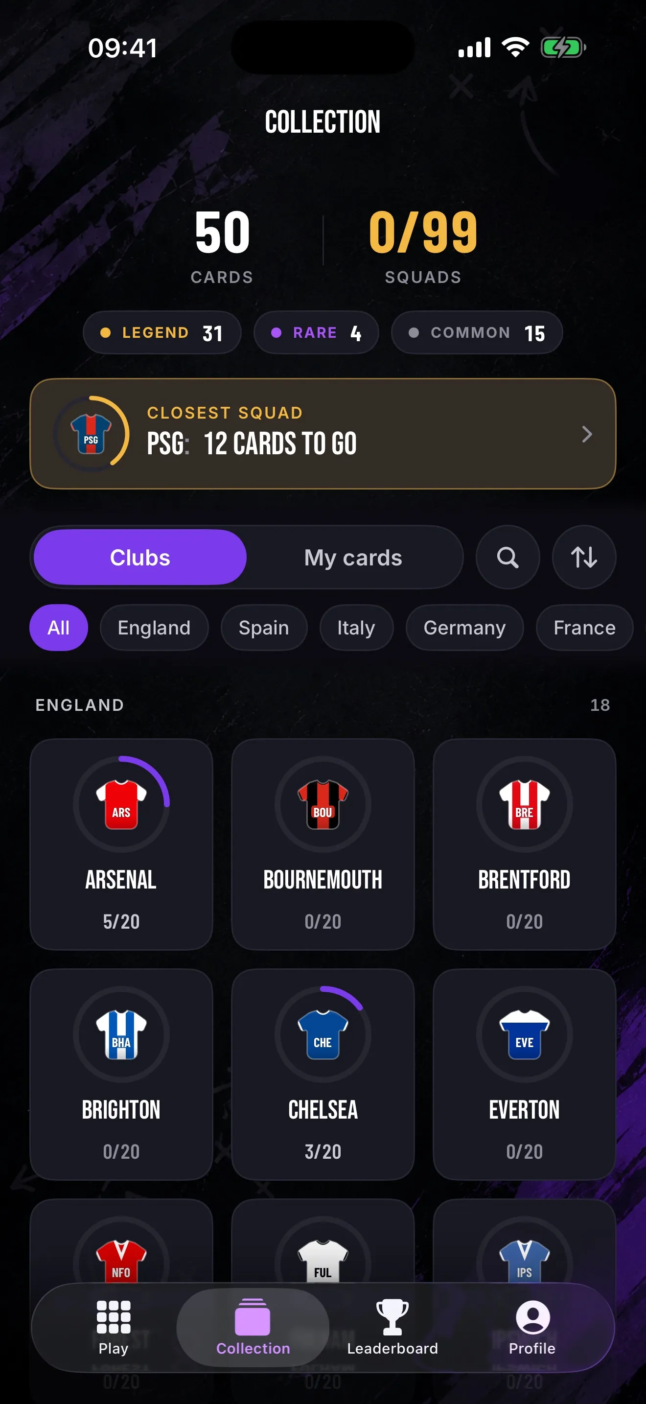 The Collection tab with 50 cards, counters for Legend, Rare and Common cards, the closest squad to complete and club squads filtered by country.