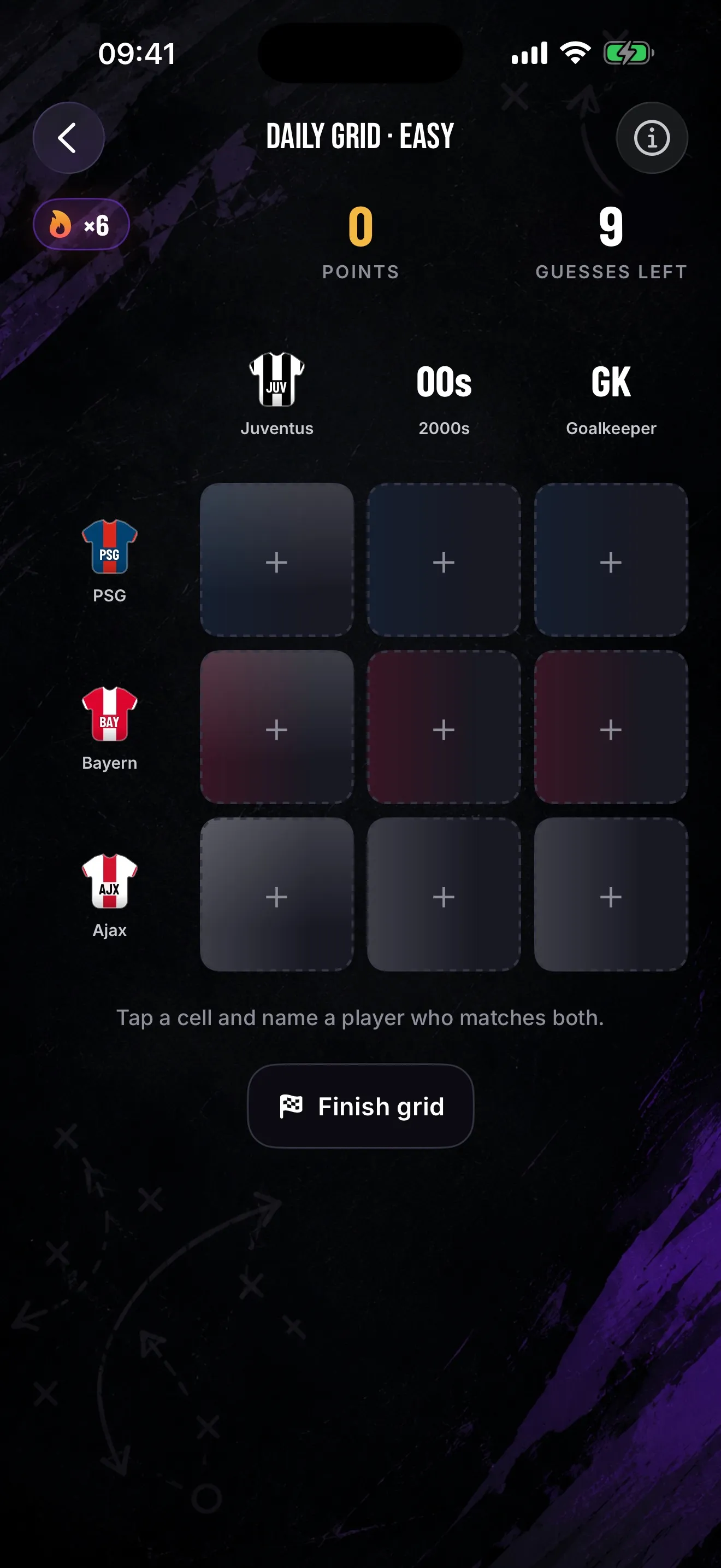 An empty Daily Grid on Easy with three clubs down the side and a club, an era and the goalkeeper position across the top, nine guesses left.