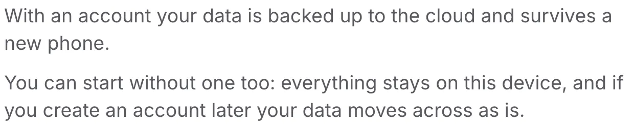 Fazlo’s welcome screen: with an account your data is backed up to the cloud; you can start without one too — everything stays on this device.