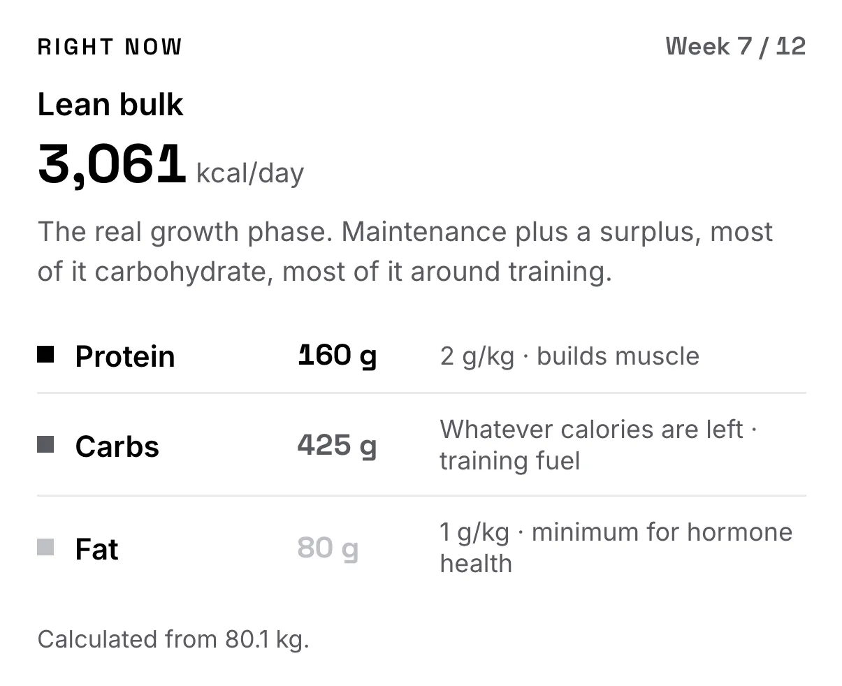 Fazlo’s plan card: a lean bulk at 3,061 kcal a day, protein 160 g at 2 g/kg, carbs 425 g as whatever calories are left, fat 80 g at 1 g/kg, calculated from 80.1 kg.