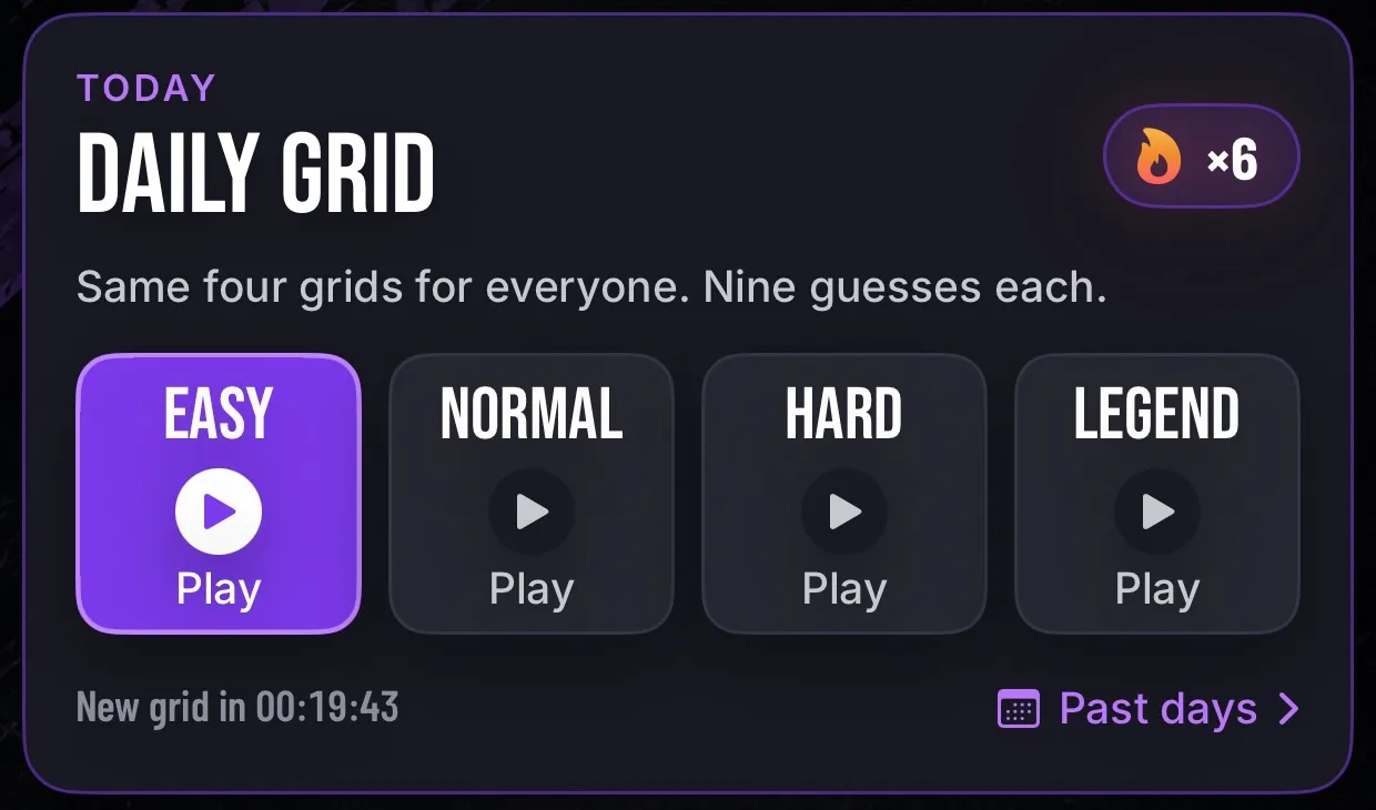 Grido XI’s Daily Grid card on the first screen: same four grids for everyone, nine guesses each, with a Play button for each difficulty and the time until the next grid.