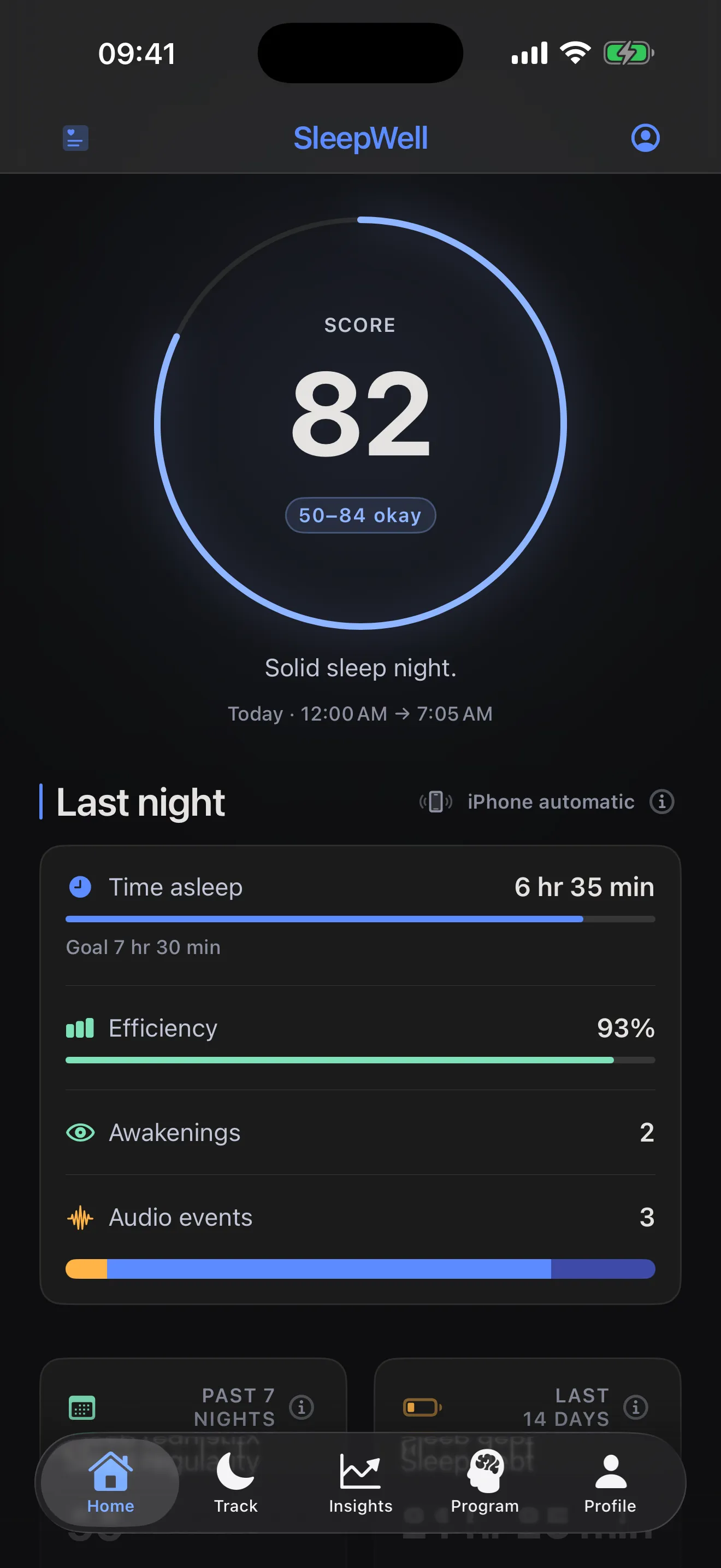 SleepWell home screen with a sleep score of 82, and last night’s time asleep, efficiency, awakenings and audio events.