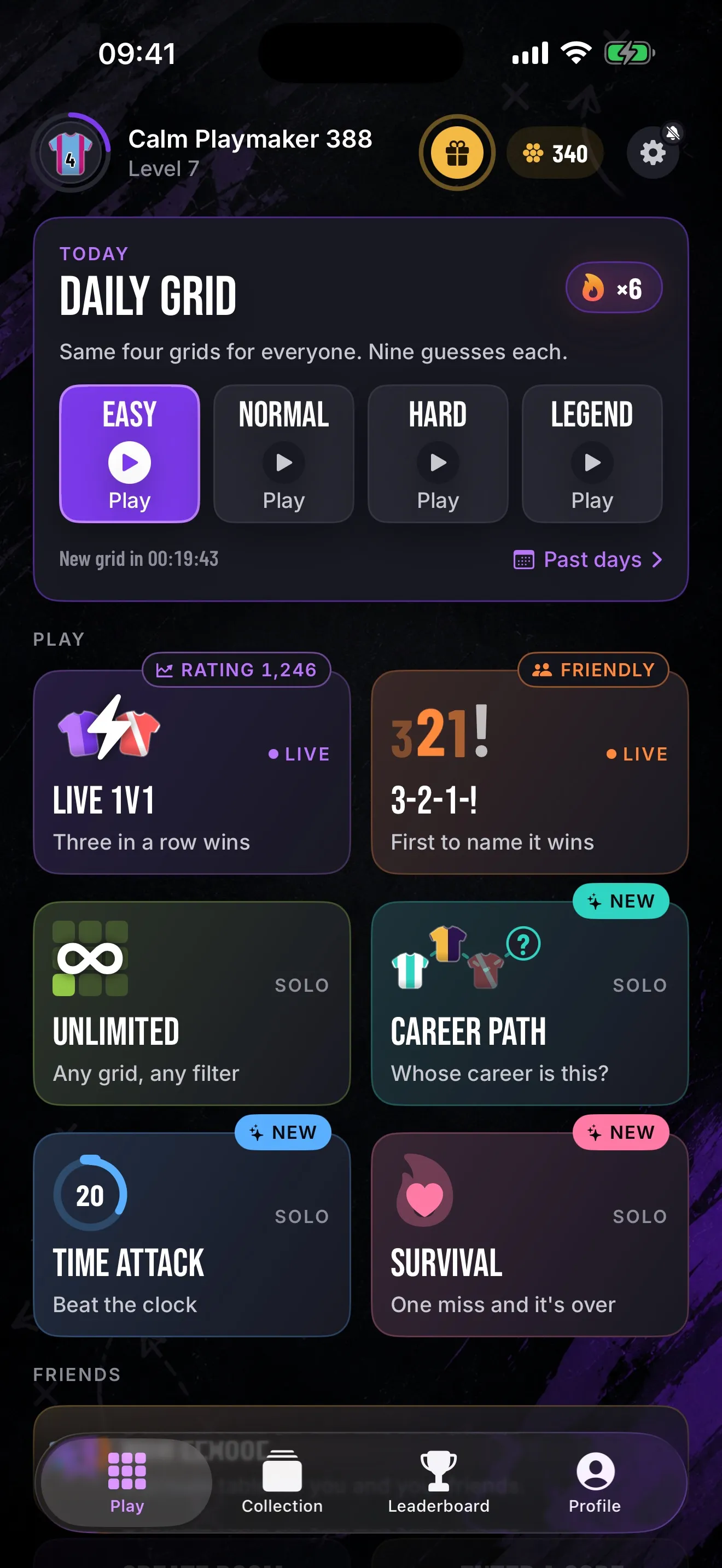 Grido XI lobby with today’s Daily Grid card, its four difficulties and a six day streak, the Live 1v1 and 3-2-1-! modes, and the solo modes Unlimited, Career Path, Time Attack and Survival.