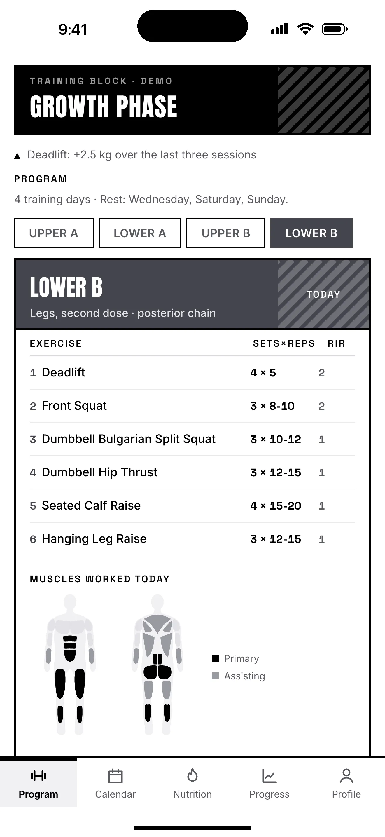 Fazlo program screen with the Growth phase banner, today’s Lower B workout of six exercises with sets, reps and reps in reserve, and a muscle map.