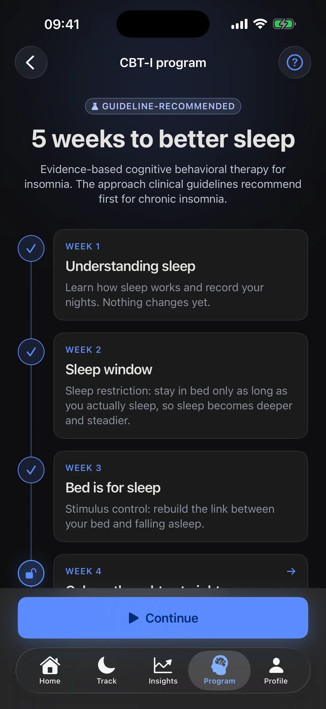 The CBT-I program screen, listing week 1 Understanding sleep, week 2 Sleep window and week 3 Bed is for sleep.