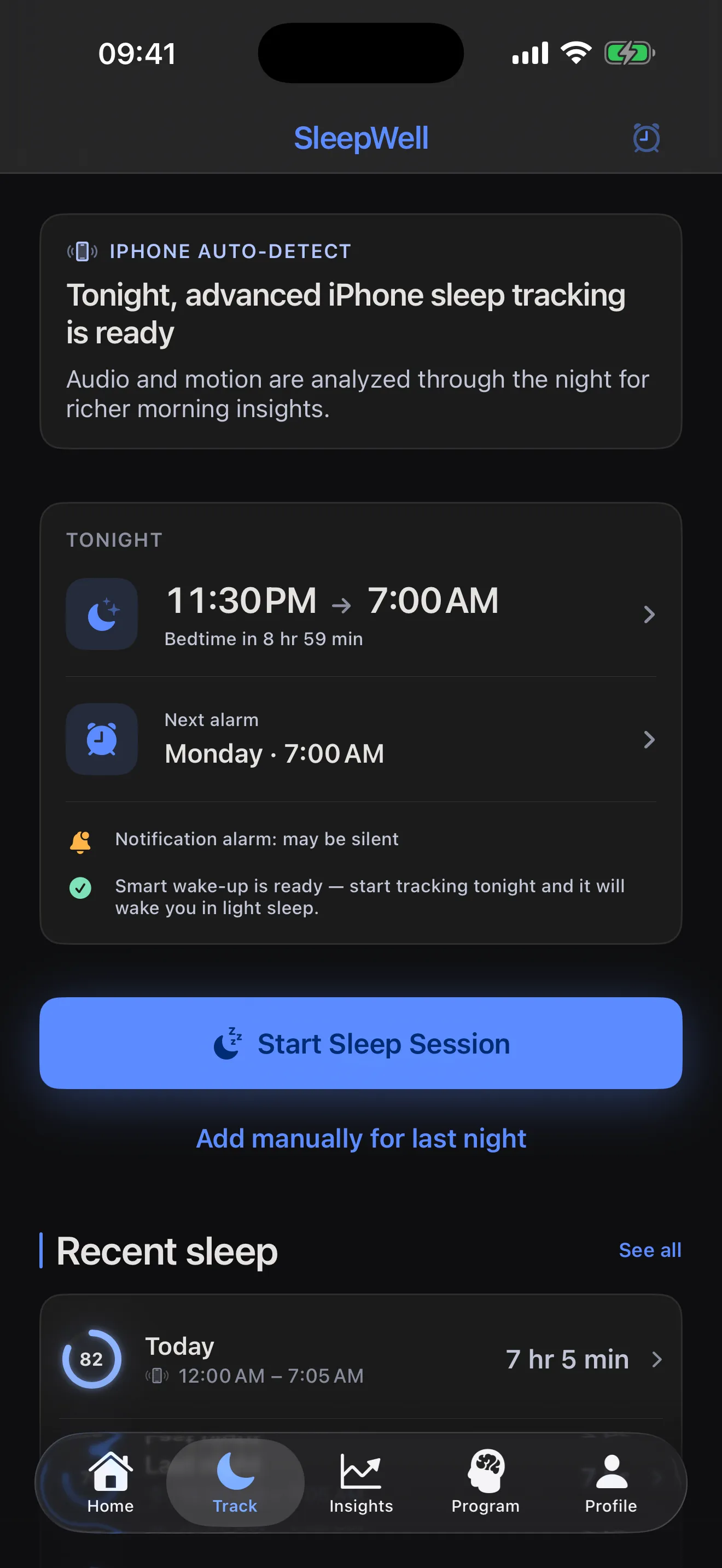 The Track tab with tonight’s bedtime and alarm, a notice that smart wake is ready, and a Start Sleep Session button.