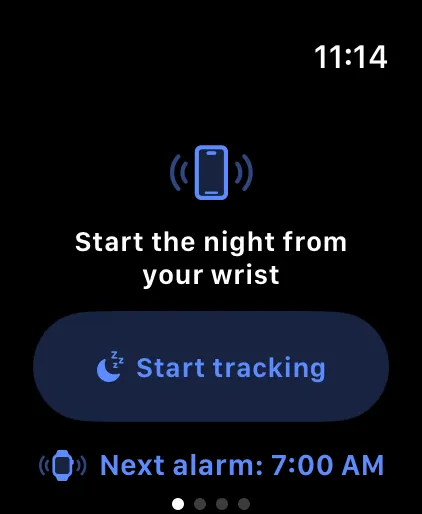 SleepWell on Apple Watch with a Start tracking button and the next alarm at 7:00 AM.
