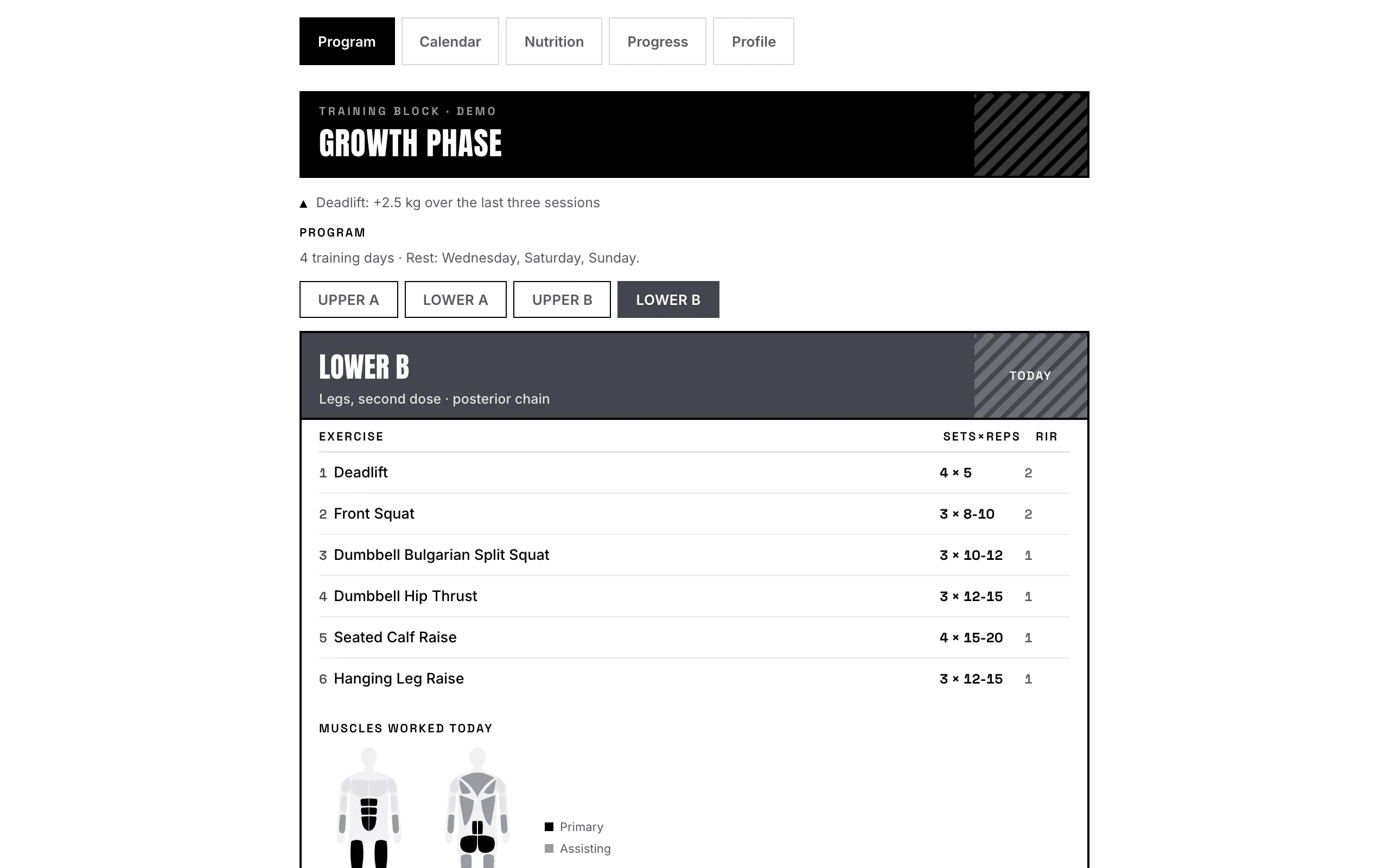 Fazlo running in a desktop browser, showing the training program with tabs across the top.